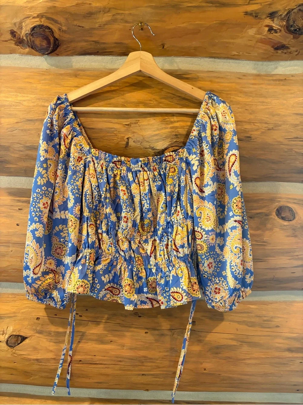Lulus Staying Cute Blue Paisley Satin Ruffled Long Sleeve Top size Medium - Picture 2 of 5